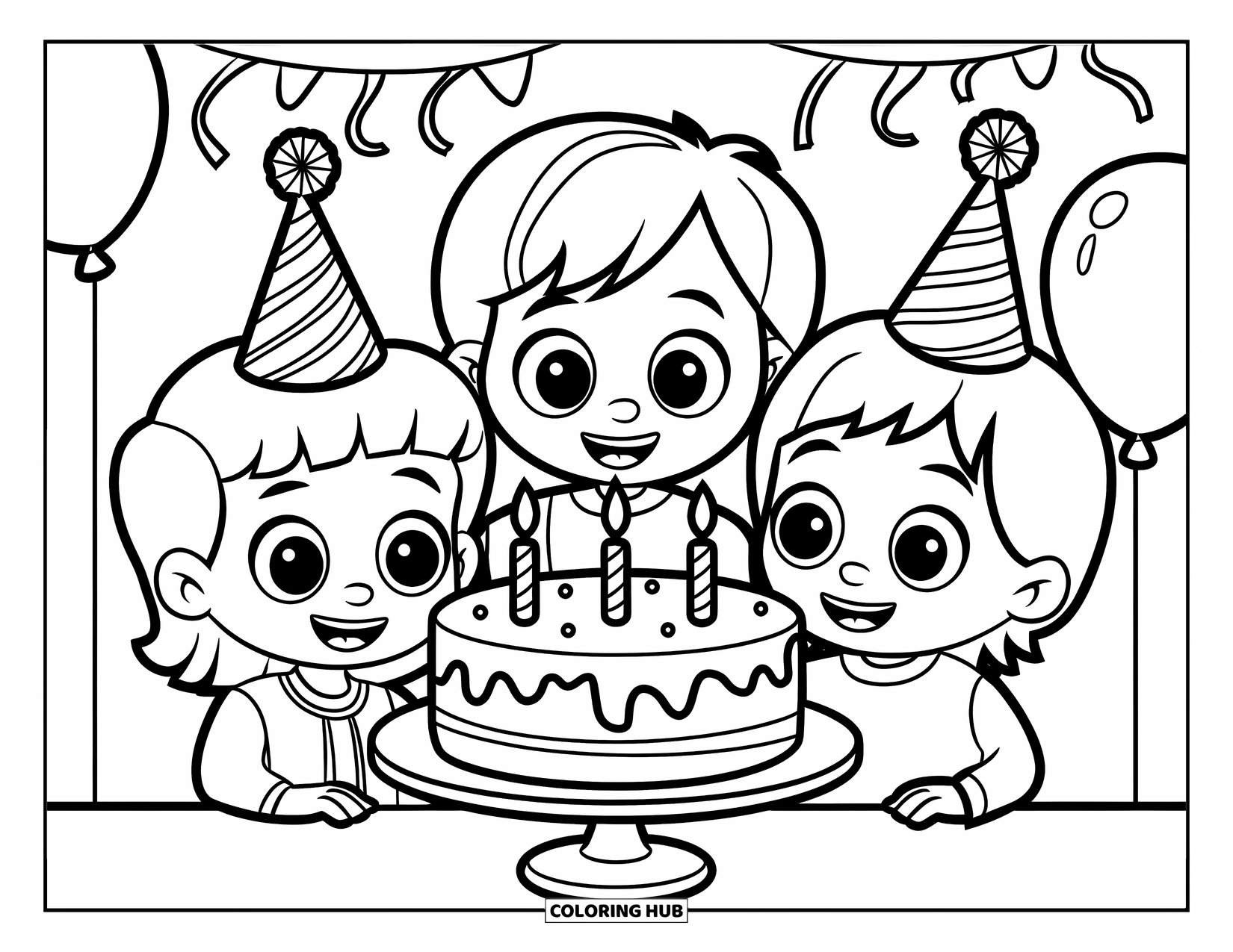 Birthday Cake Coloring Page for Kids: Three happy kids in party hats stand around a cake with balloons and streamers above