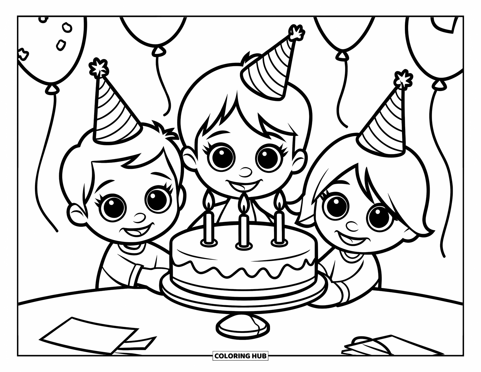 Birthday Cake Coloring Page for Kids: Three kids with party hats gather around a birthday cake topped with three candles