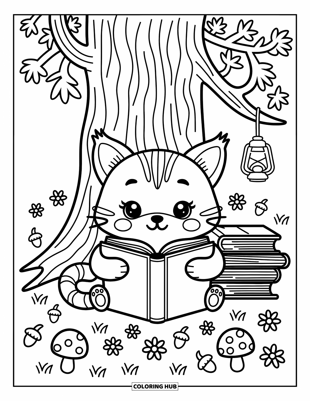 Bobcat Coloring Page for Adults: A bobcat cuddles with a book under a tree with flowers and a lantern