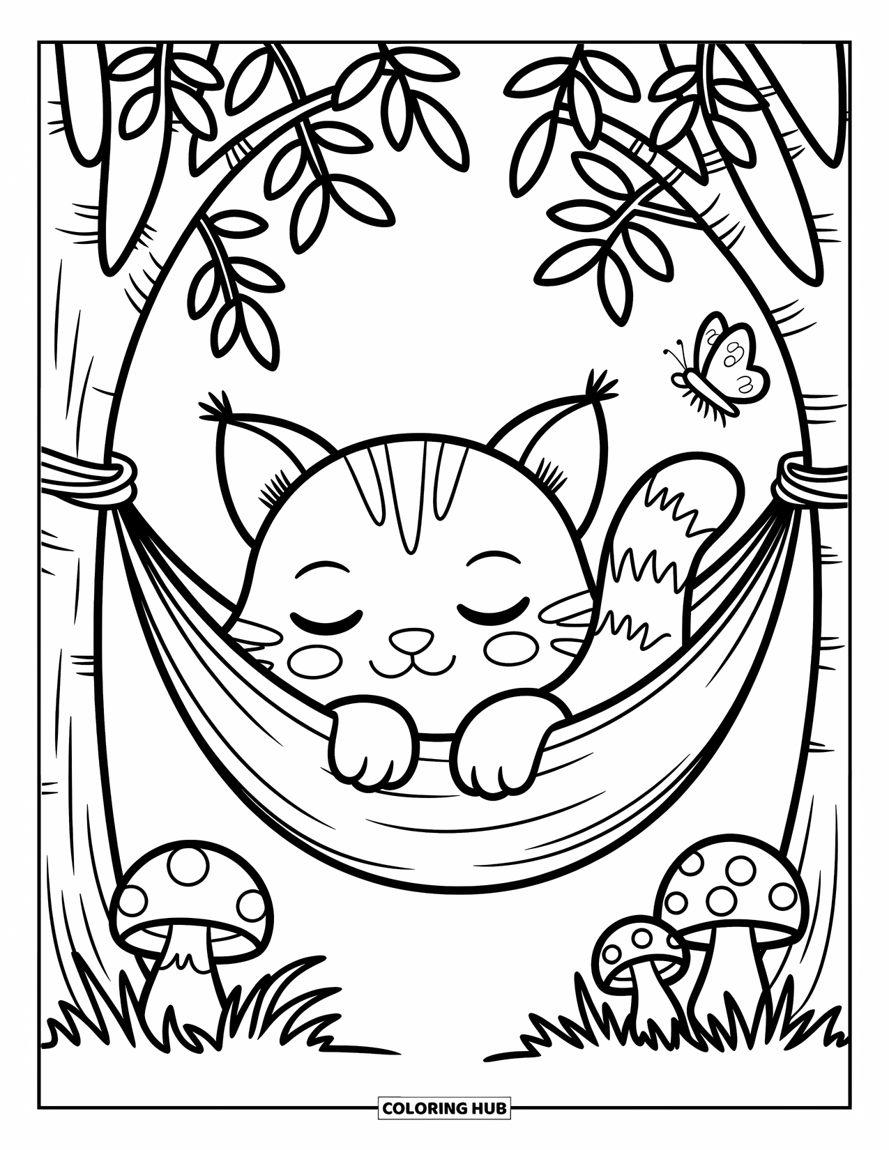 Bobcat Coloring Page for Adults: A bobcat gently sleeps in a hammock strung between mushroom-topped trees