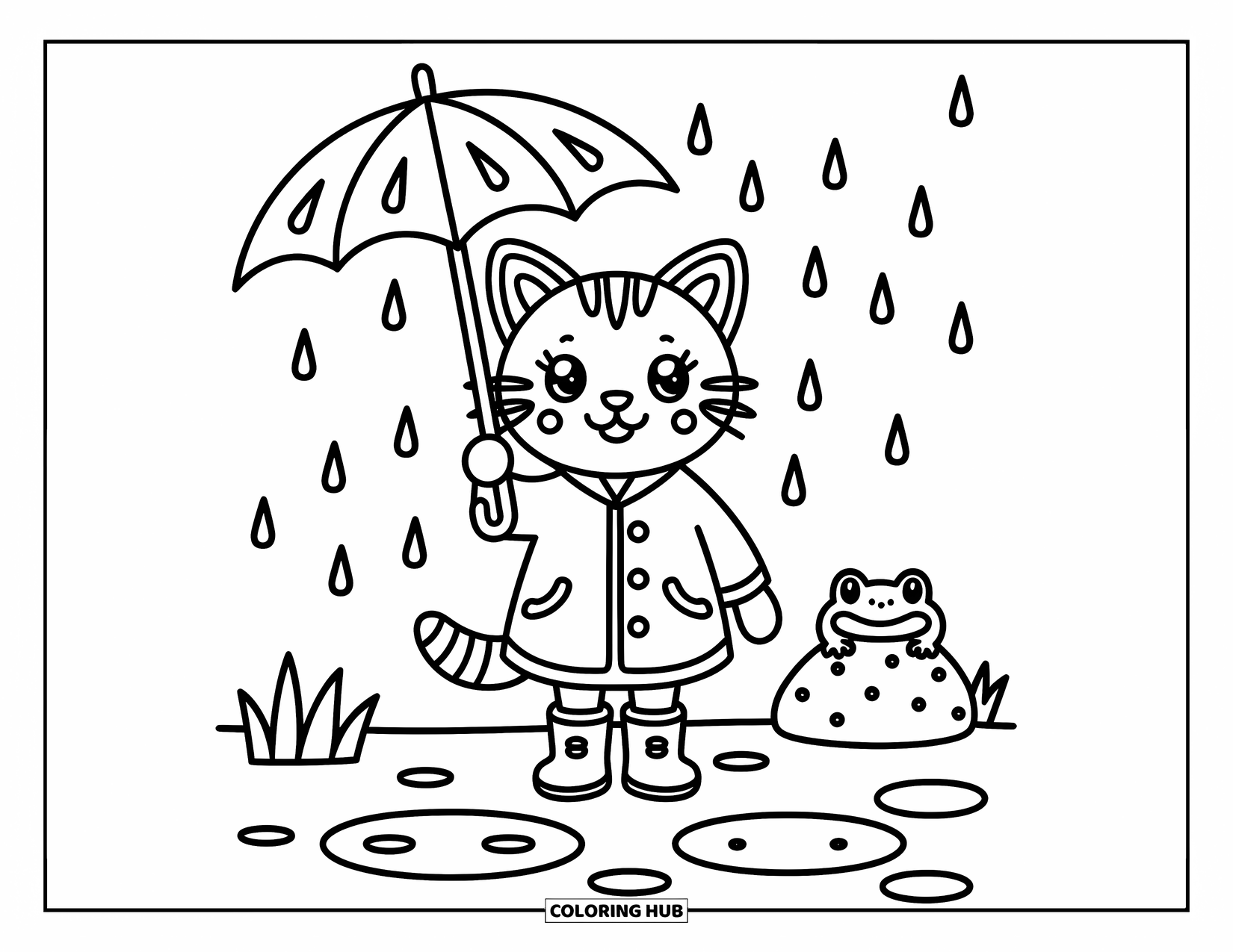 Bobcat Coloring Page for Adults: A bobcat in a raincoat holds a leaf umbrella while raindrops fall