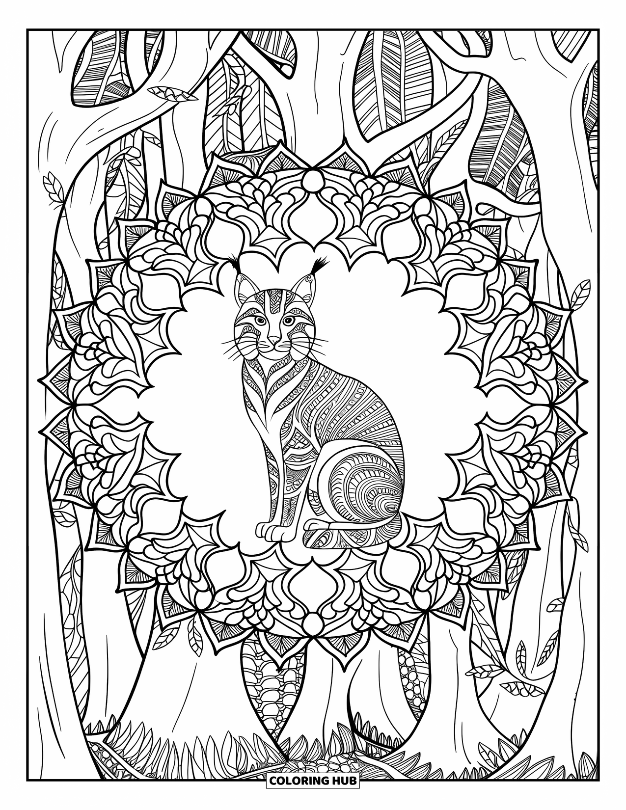 Bobcat Coloring Page for Adults: A bobcat is nestled in a detailed mandala of vines and leafy branches