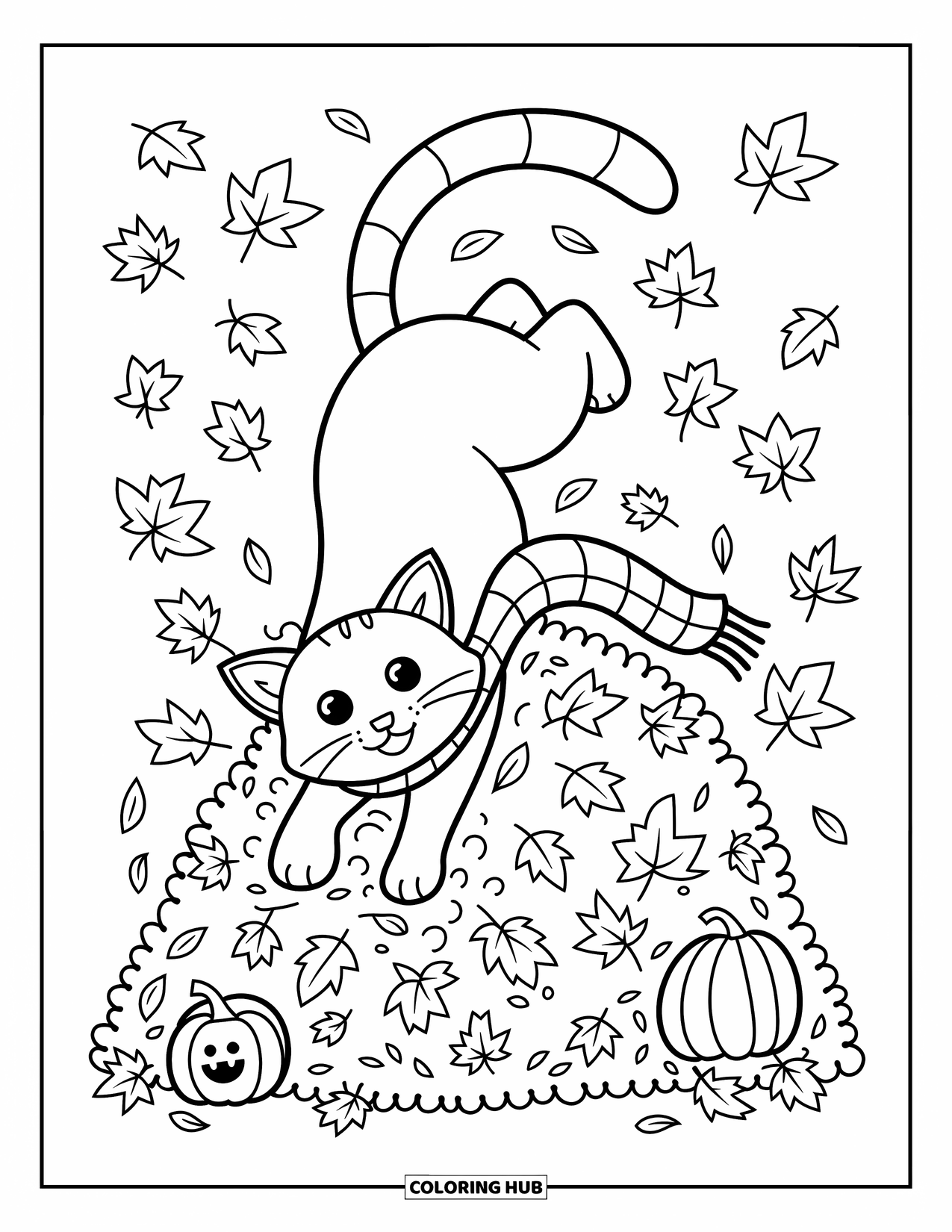 Bobcat Coloring Page for Adults: A bobcat leaps into leaves with joy, one stuck playfully on its nose