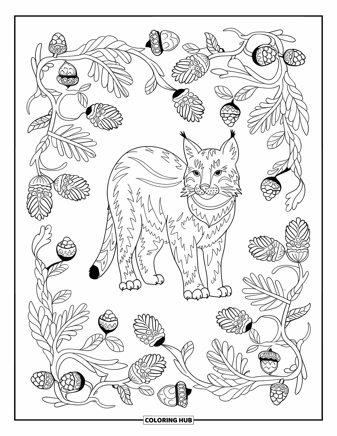 Bobcat Coloring Page for Adults: A bobcat poses in a leafy forest frame filled with natural details