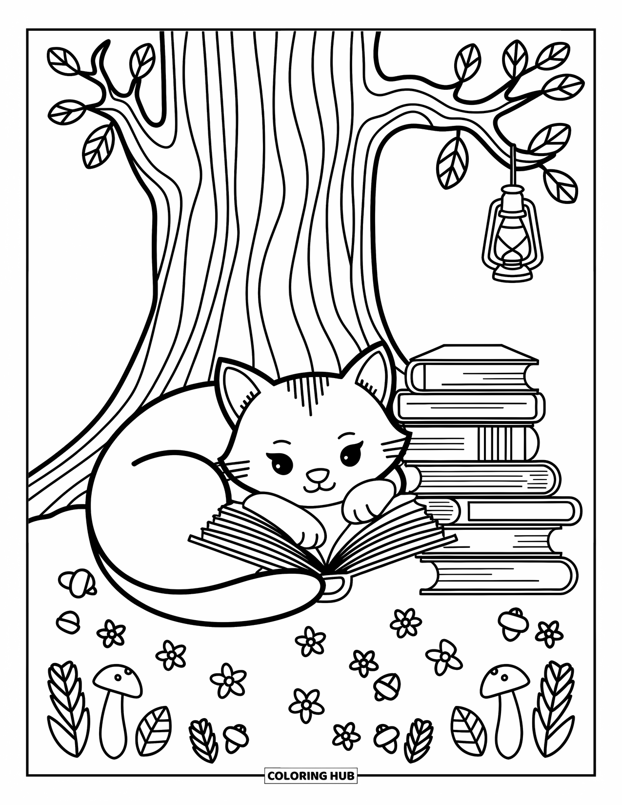 Bobcat Coloring Page for Adults: A bobcat reads under a tall tree with a lantern and cozy details