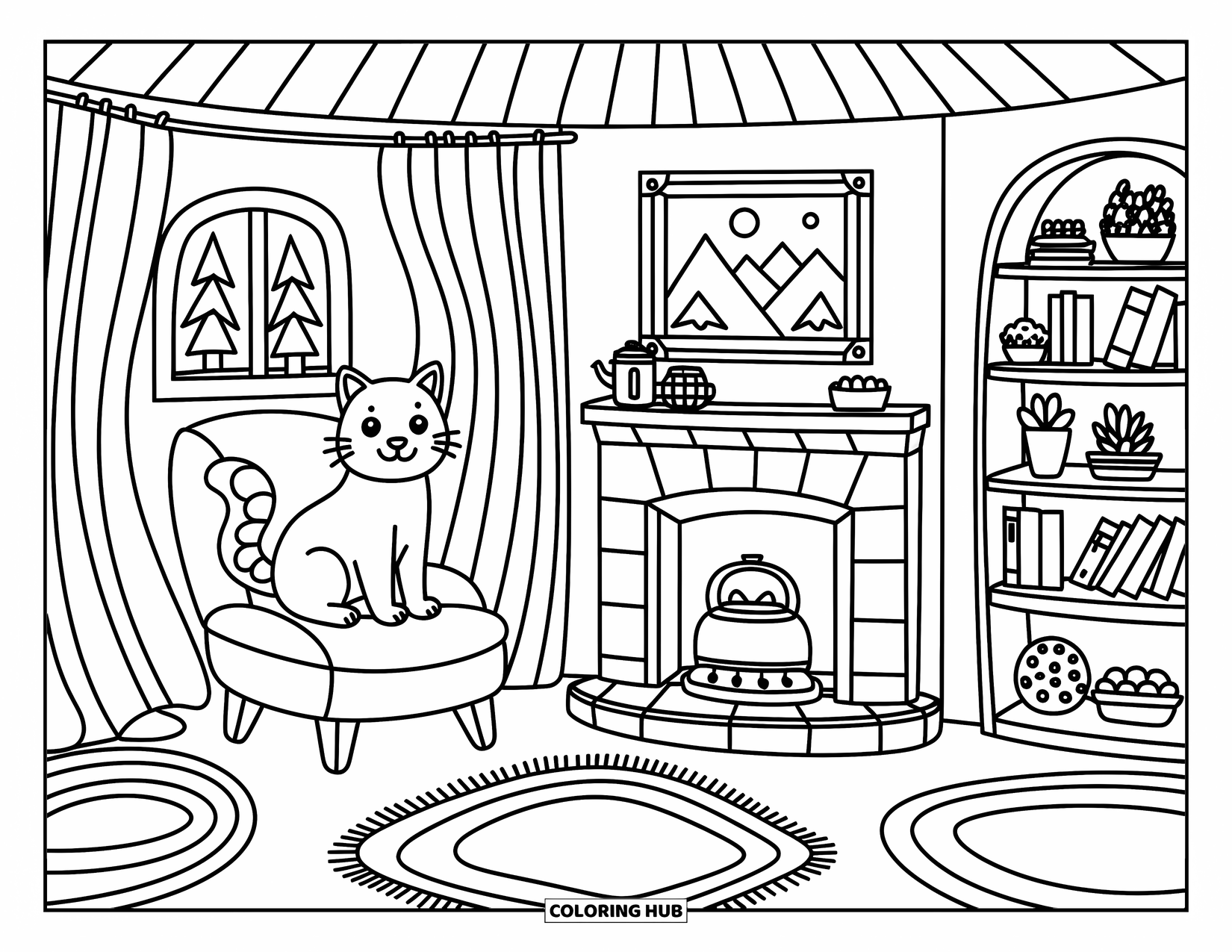 Bobcat Coloring Page for Adults: A bobcat relaxes beside a fireplace with a mountain painting and pine view