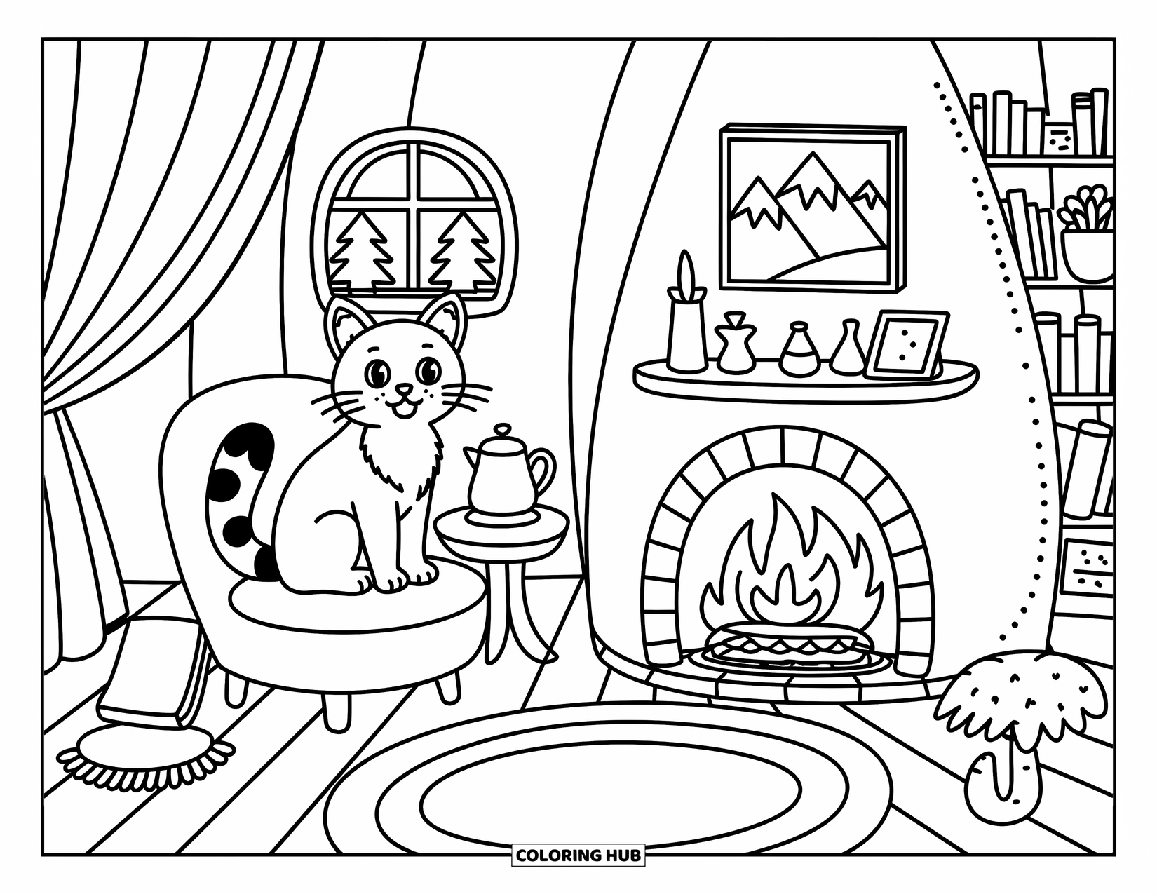 Bobcat Coloring Page for Adults: A bobcat rests in a forest hut filled with books, rugs, and mountain views