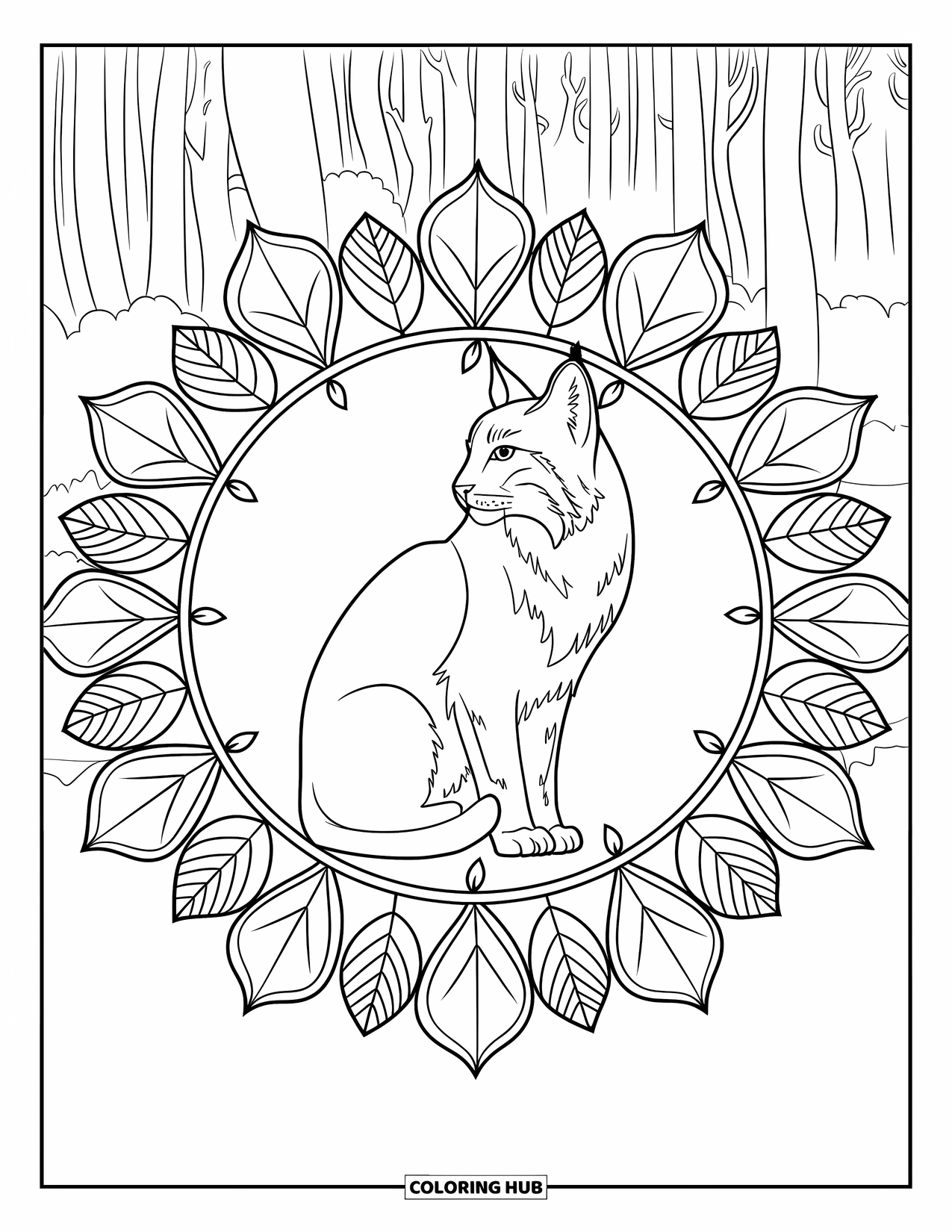 Bobcat Coloring Page for Adults: A bobcat sits centered in a mandala of forest vines and leaves