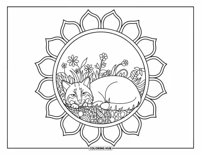 Desen de colorat cu râși roșii pentru adulți: Un râs roșu doarme într-o mandală florală înconjurat de petale moi și sinuoase