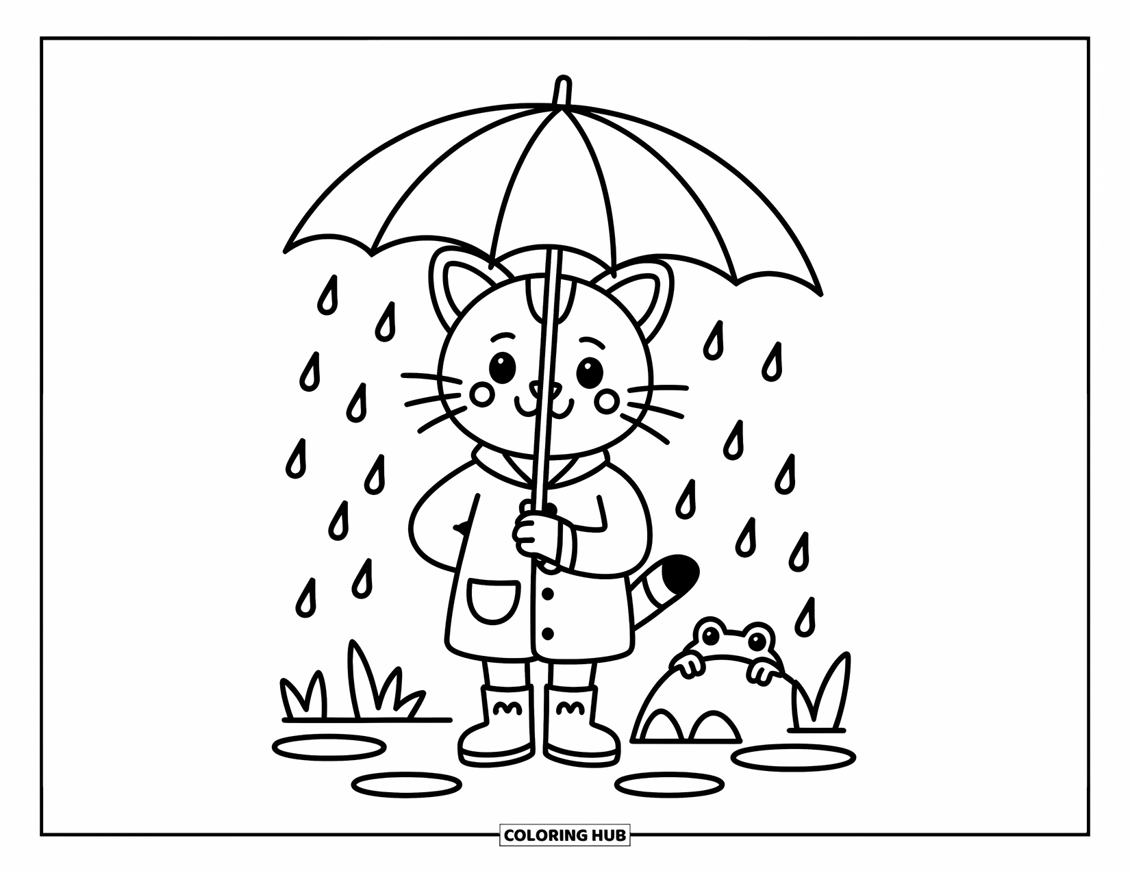 Bobcat Coloring Page for Adults: A bobcat smiles under a leaf umbrella in the rain with a frog nearby
