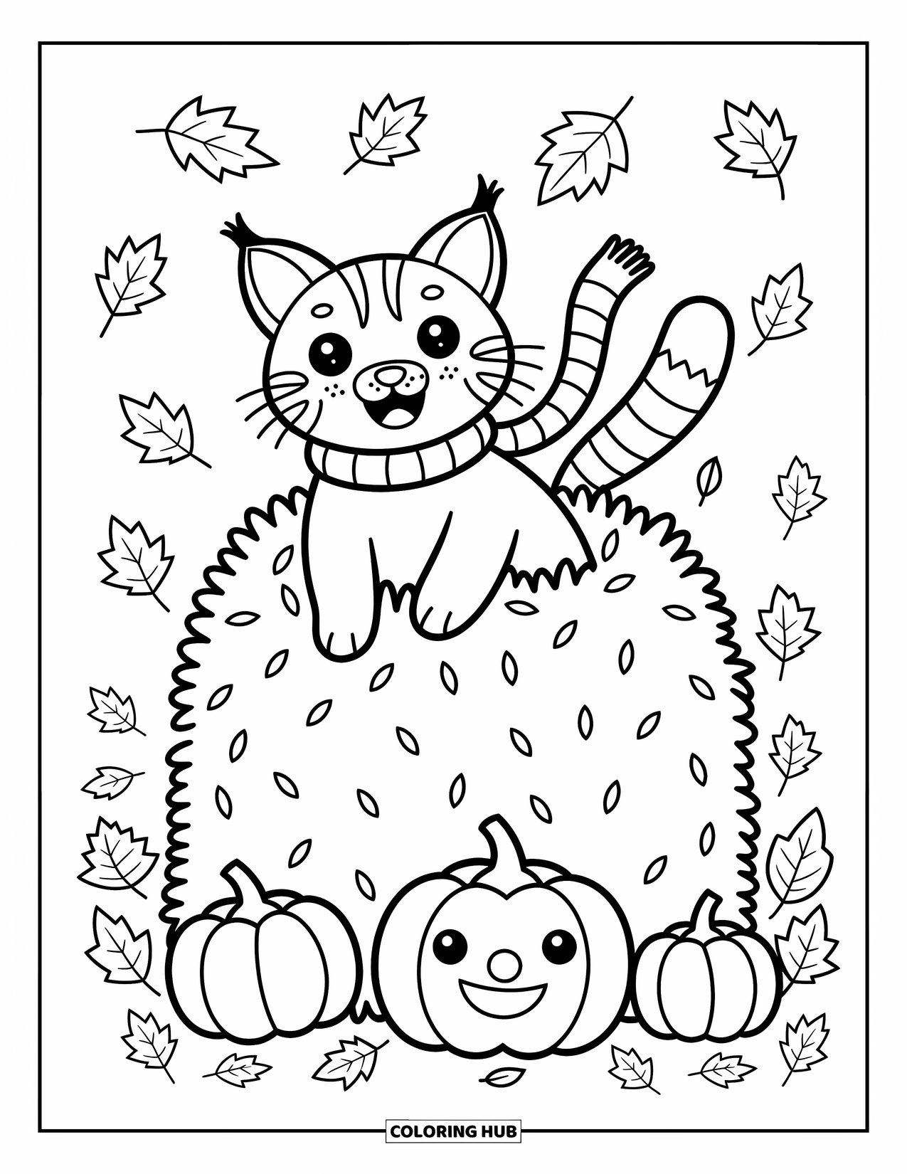 Bobcat Coloring Page for Adults: A bobcat with a scarf and pumpkin jumps into swirling fall leaves