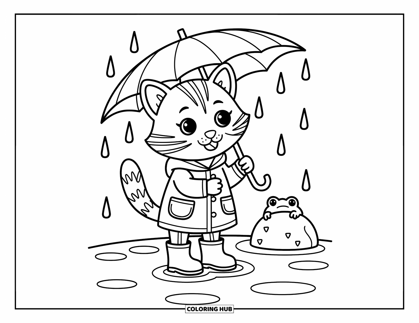 Bobcat Coloring Page for Adults: A happy bobcat in boots holds a big leaf while a frog peeks nearby