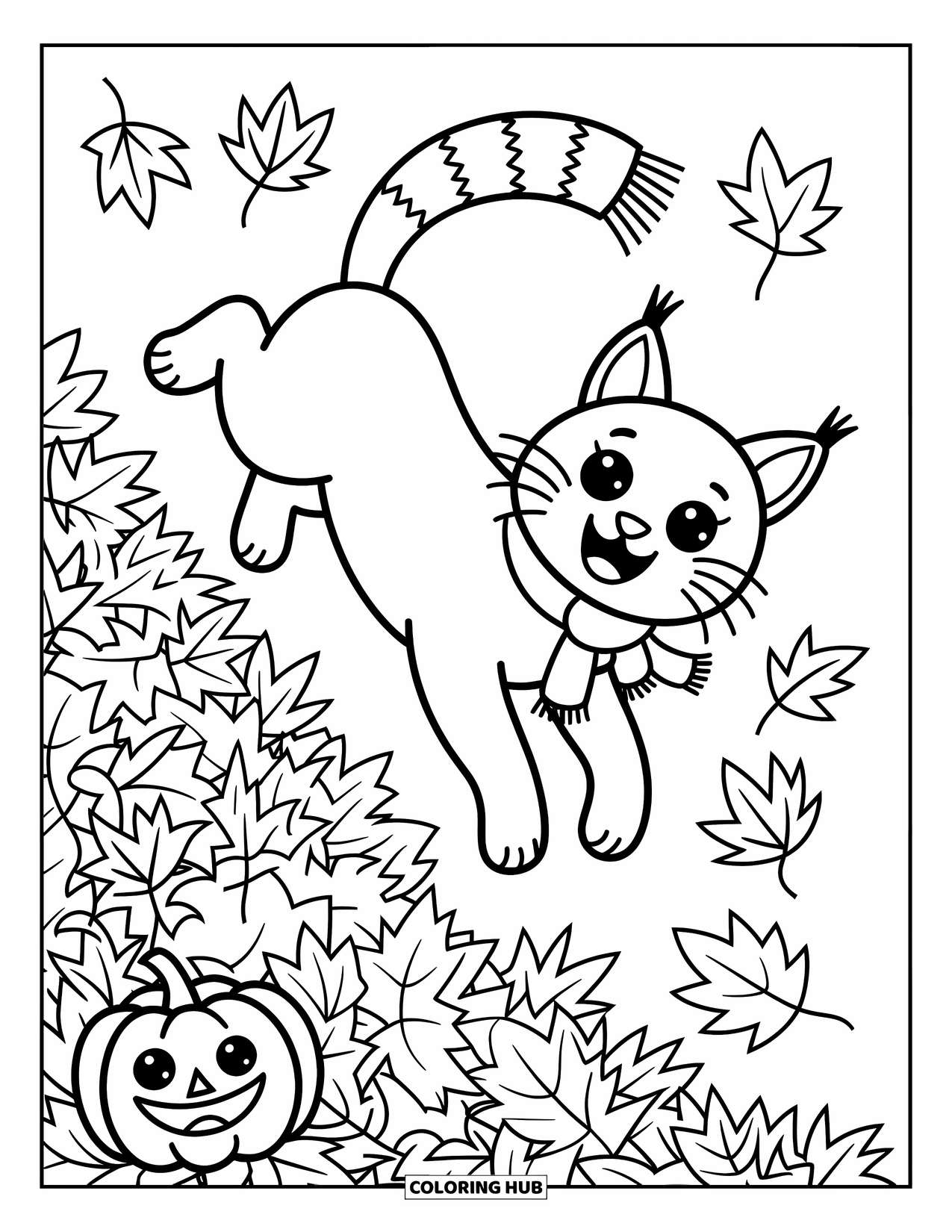 Bobcat Coloring Page for Adults: A joyful bobcat jumps into leaves with a scarf and smiling pumpkin