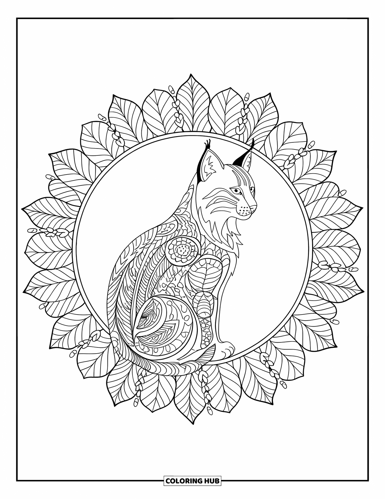 Bobcat Coloring Page for Adults: A majestic bobcat rests inside a full-page forest vine mandala