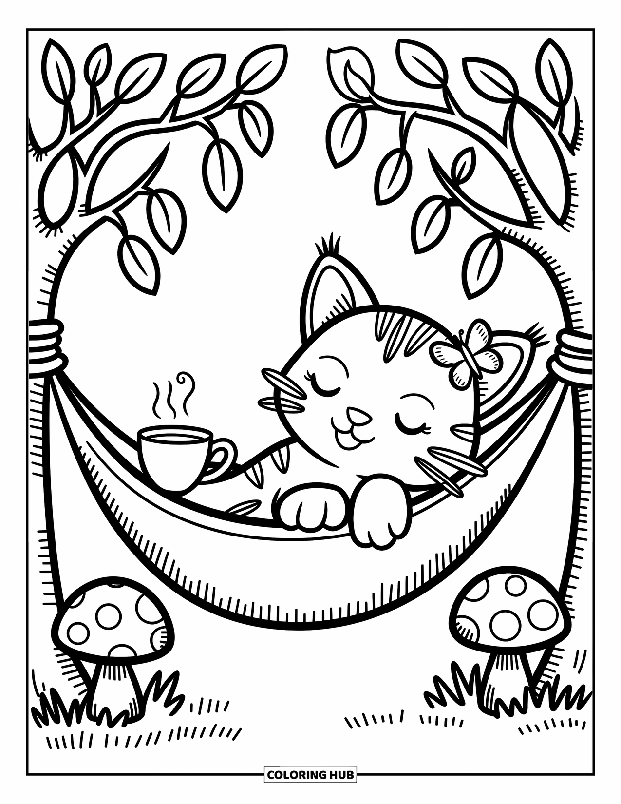 Bobcat Coloring Page for Adults: A snoozing bobcat rests in a hammock with a tea cup and butterfly nearby