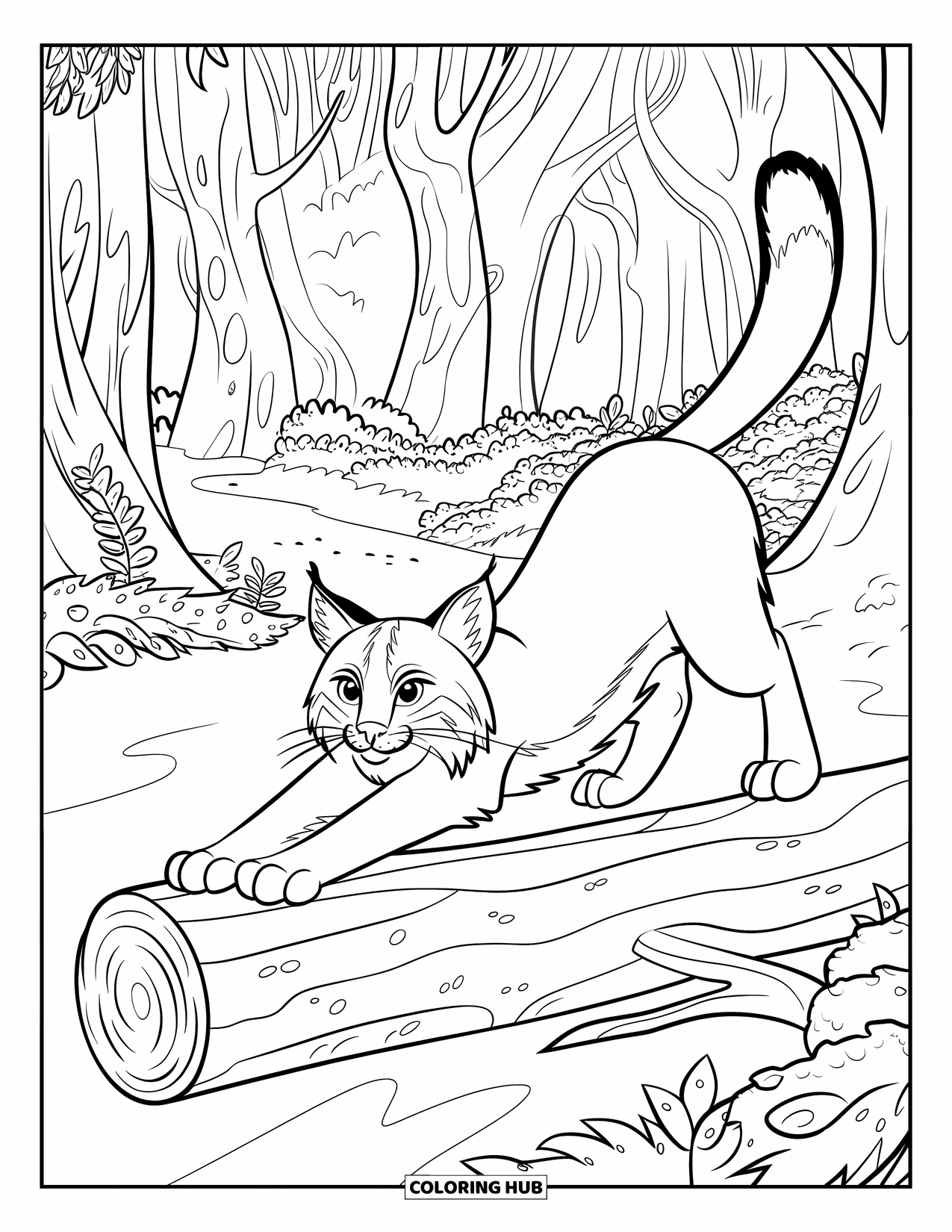 Bobcat Coloring Page for Kids: A bobcat arches its back beside a log in a leafy forest