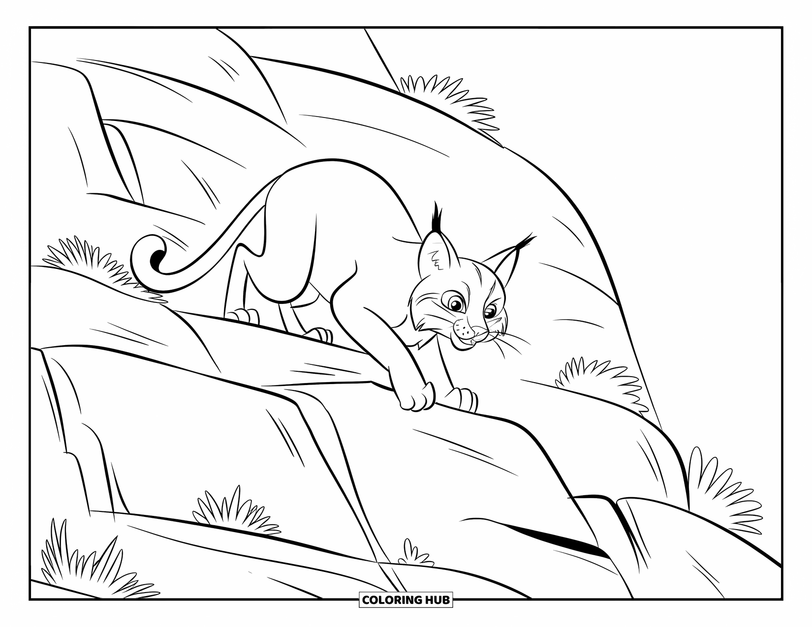 Bobcat Coloring Page for Kids: A bobcat climbs a rocky cliff with shrubs growing in the cracks