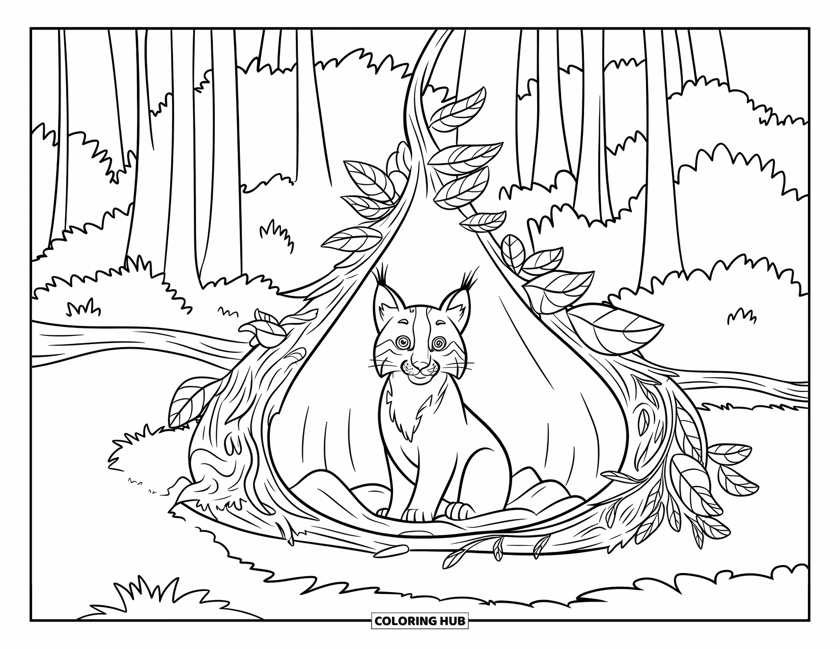 Bobcat Coloring Page for Kids: A bobcat relaxes in a forest den surrounded by tall trees