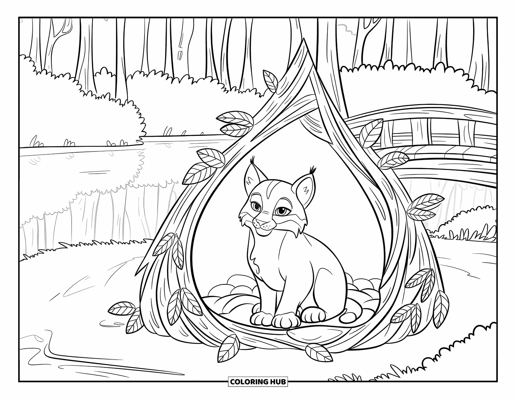 Bobcat Coloring Page for Kids: A bobcat rests in a den near a lake and forest bridge