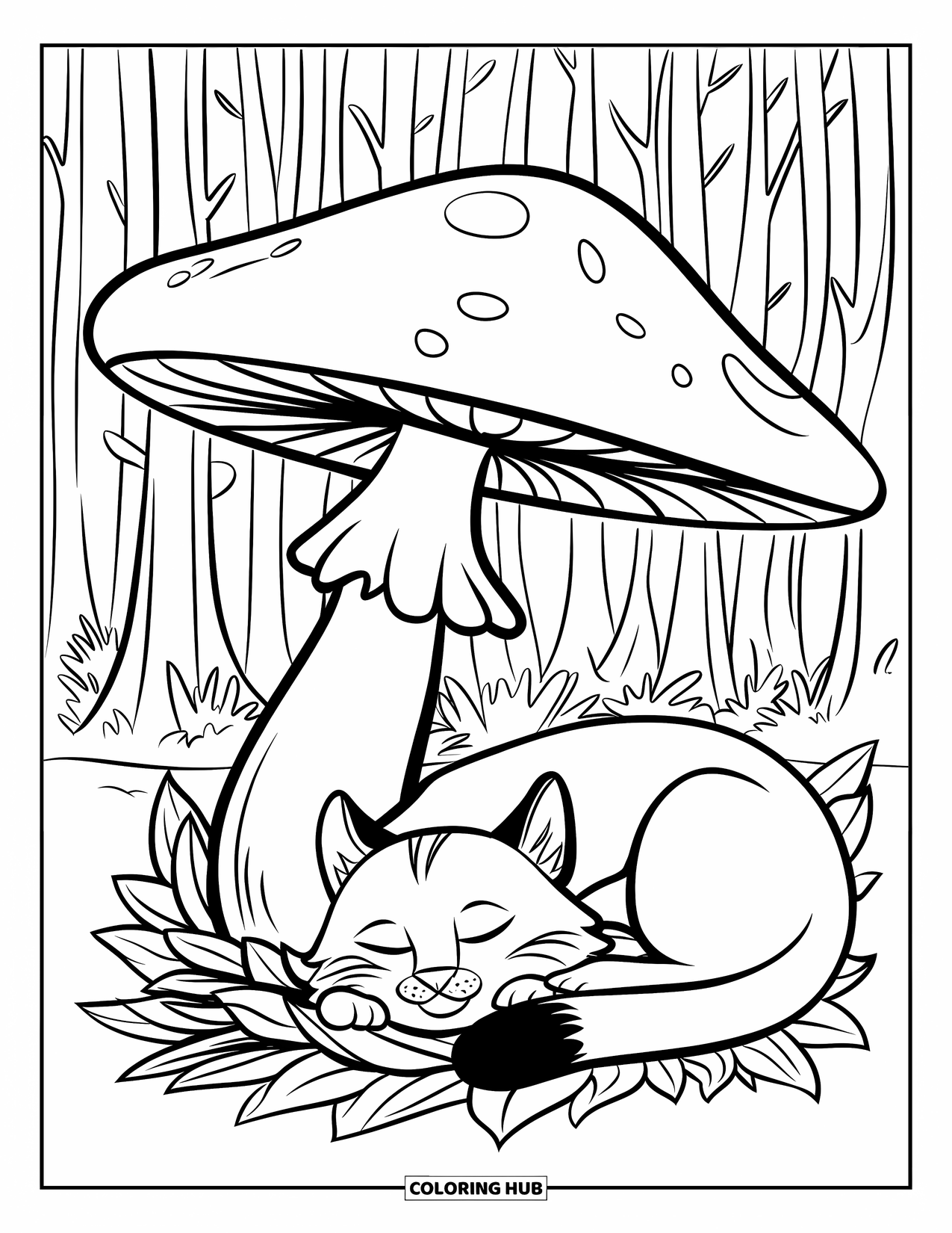 Bobcat Coloring Page for Kids: A bobcat rests on leaves under a tall mushroom in the forest