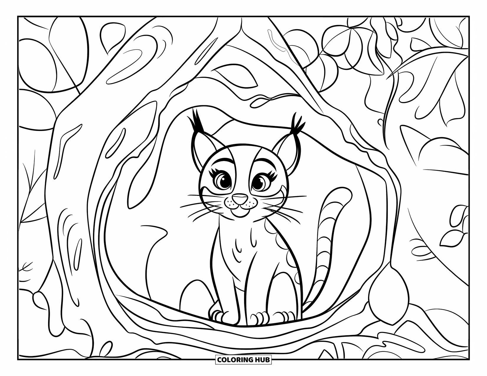 Bobcat Coloring Page for Kids: A bobcat sits cozily in a den made of twigs and leaves