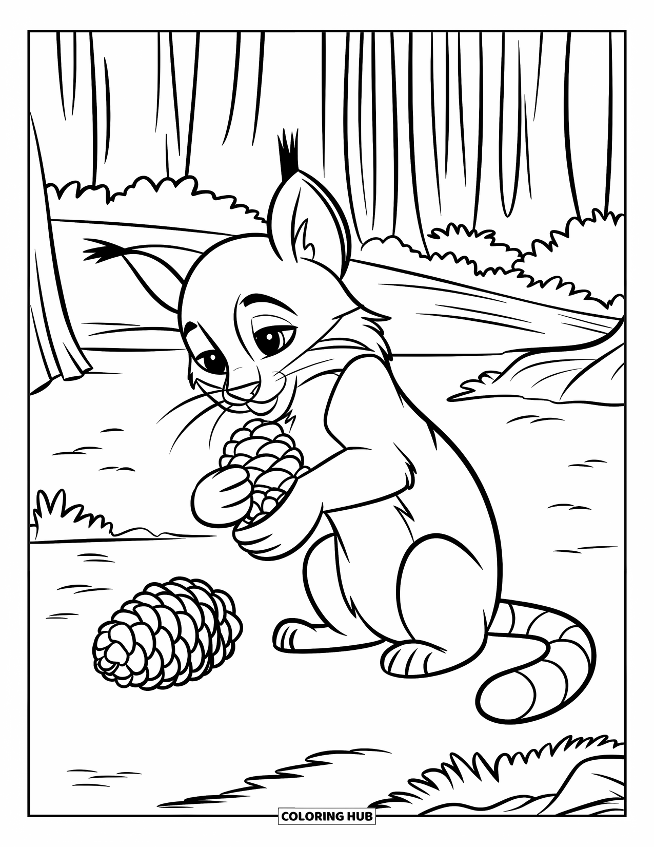 Bobcat Coloring Page for Kids: A bobcat sits on hind legs, playing with a pinecone in a lush forest