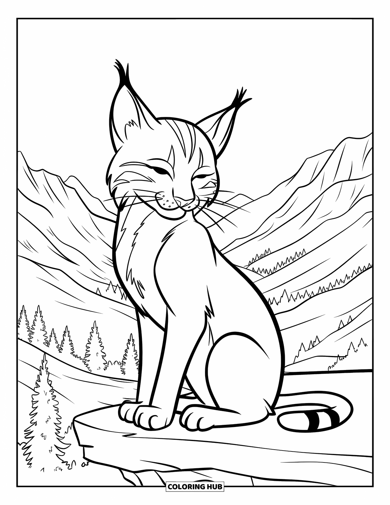 Bobcat Coloring Page for Kids: A bobcat sits quietly on a ledge overlooking a mountain valley