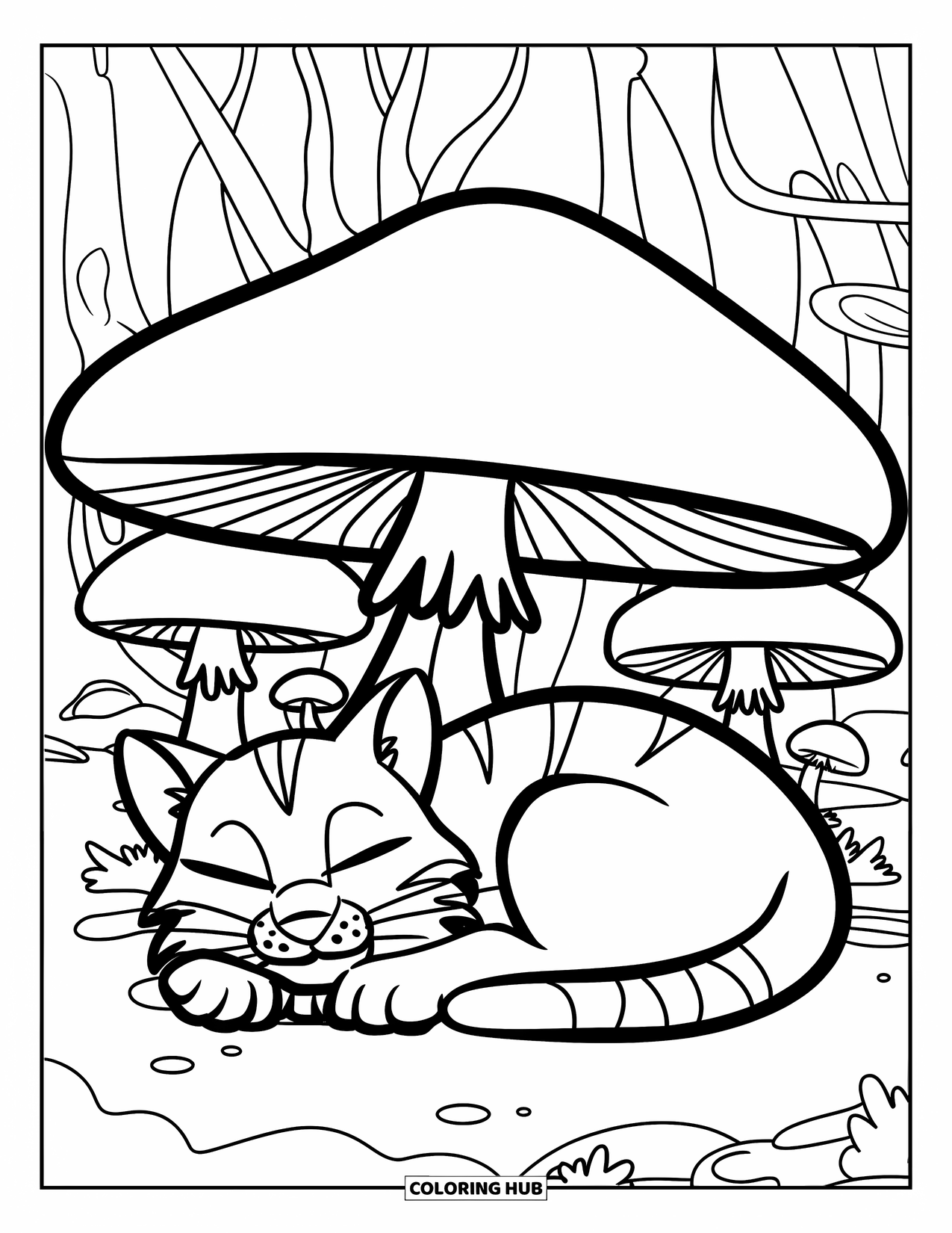 Bobcat Coloring Page for Kids: A bobcat sleeps peacefully beneath a large mushroom in the woods