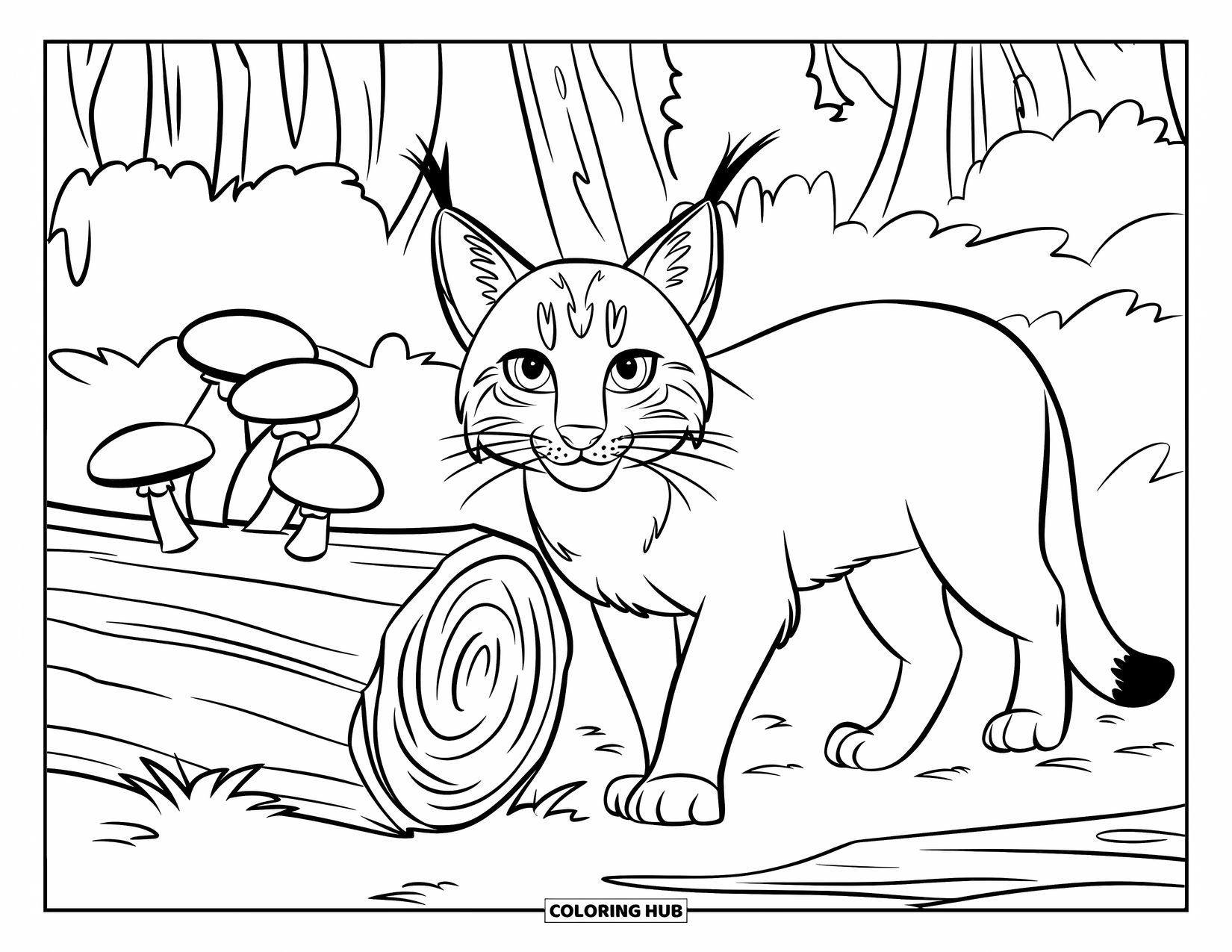 Bobcat Coloring Page for Kids: A bobcat stands alert near a mushroom-covered log and tall trees