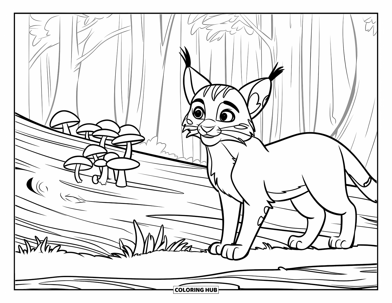 Bobcat Coloring Page for Kids: A bobcat watches closely beside mushrooms on a log in the forest