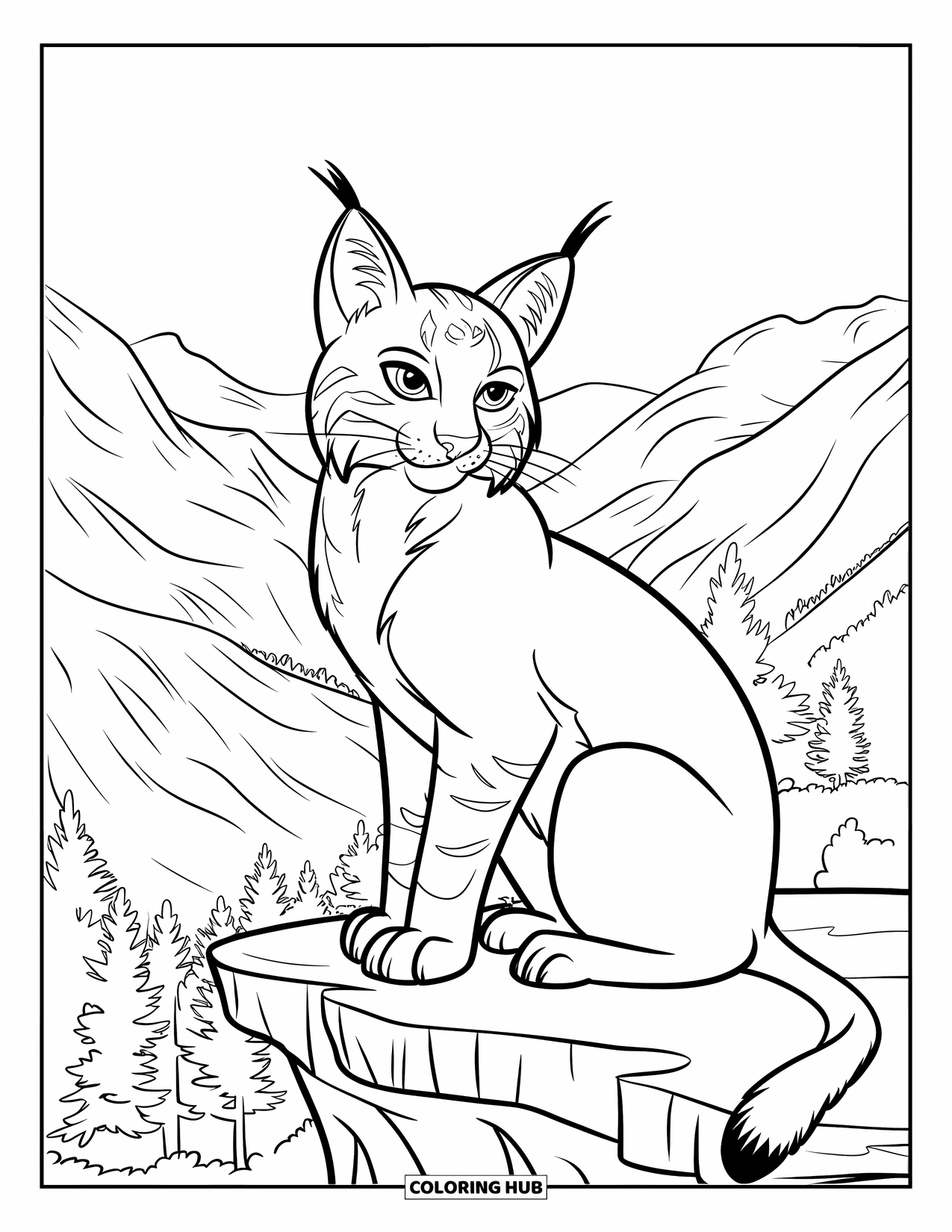 Bobcat Coloring Page for Kids: A bobcat watches from a ledge over a valley full of trees