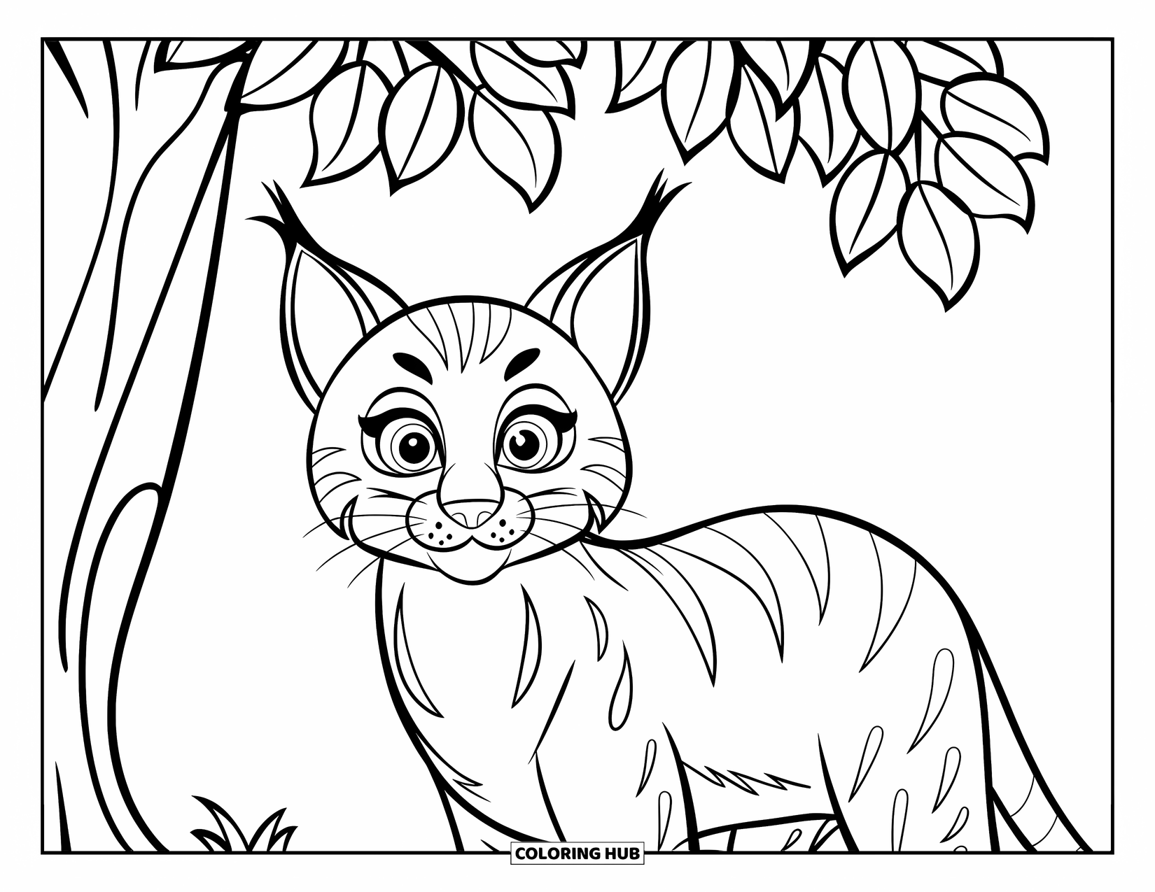 Bobcat Coloring Page for Kids: A cheerful bobcat stands under a tree with a simple background