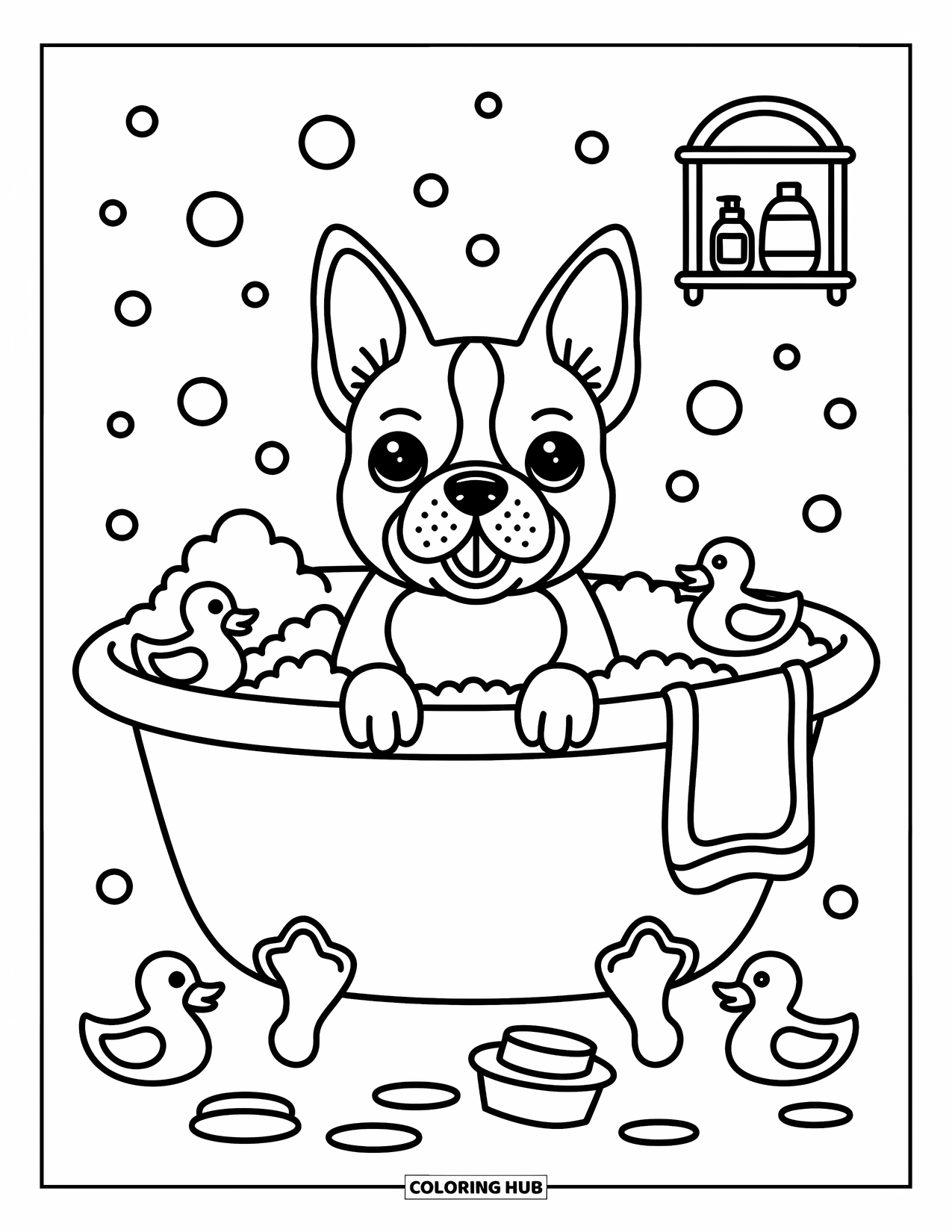 Boston Terrier Coloring Page for Adults: Boston Terrier enjoys a bubble bath with rubber ducks and a towel nearby