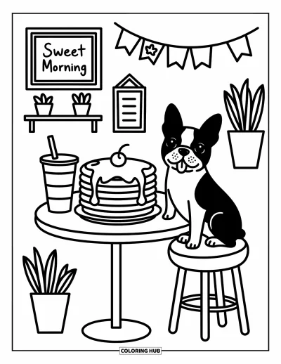 Desen de colorat cu Boston Terrier pentru adulți: Boston Terrier privind clătite și o băutură caldă la o masă de cafenea cu decoruri dulci