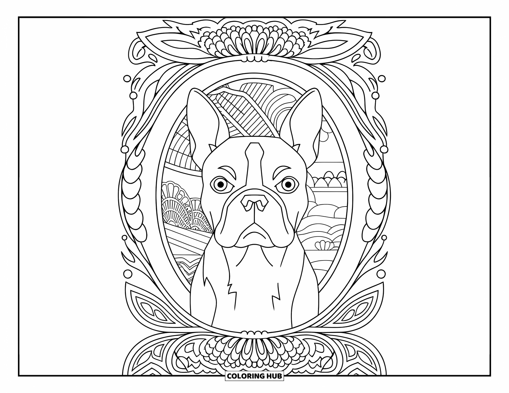 Boston Terrier Coloring Page for Adults: Boston Terrier framed by leafy borders and paisley patterns with an artistic background