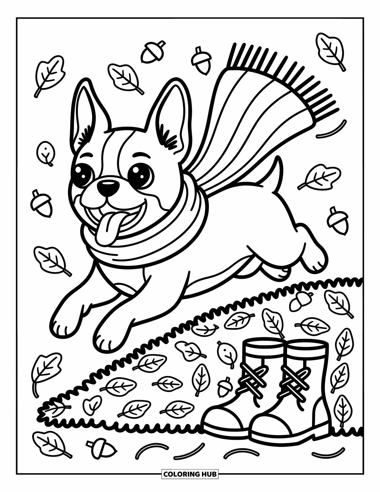 Boston Terrier Coloring Page for Adults: Boston Terrier jumps into fluffy leaves with scarf, acorns, and cozy fall boots nearby