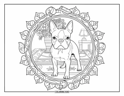 Desen de colorat cu Boston Terrier pentru adulți: Boston Terrier pe covor înconjurat de detalii florale, o vază și o lampă mică