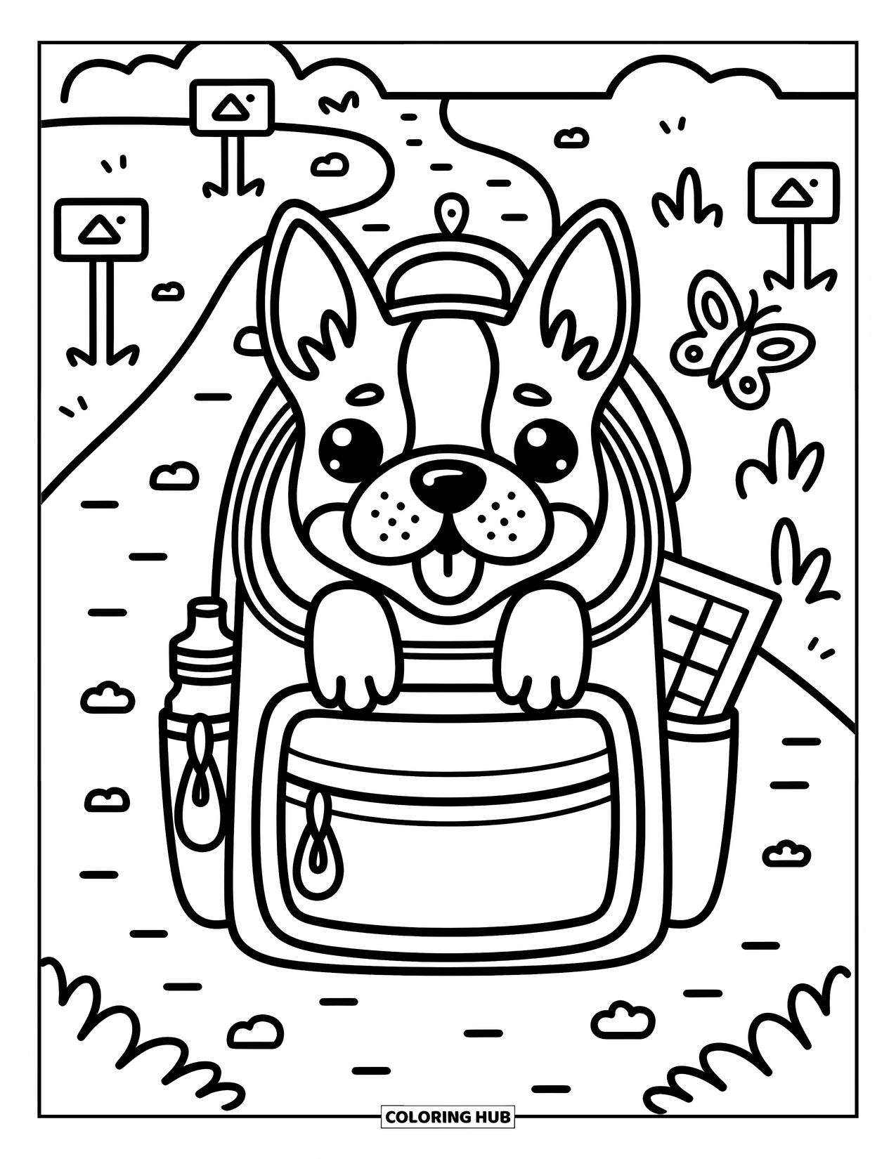 Boston Terrier Coloring Page for Adults: Boston Terrier peeks from a backpack surrounded by trail signs and a fluttering butterfly