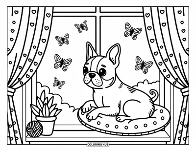 Desen de colorat cu Boston Terrier pentru adulți: Boston Terrier pe un pervaz privind fluturi, cu detalii calde de interior în jur