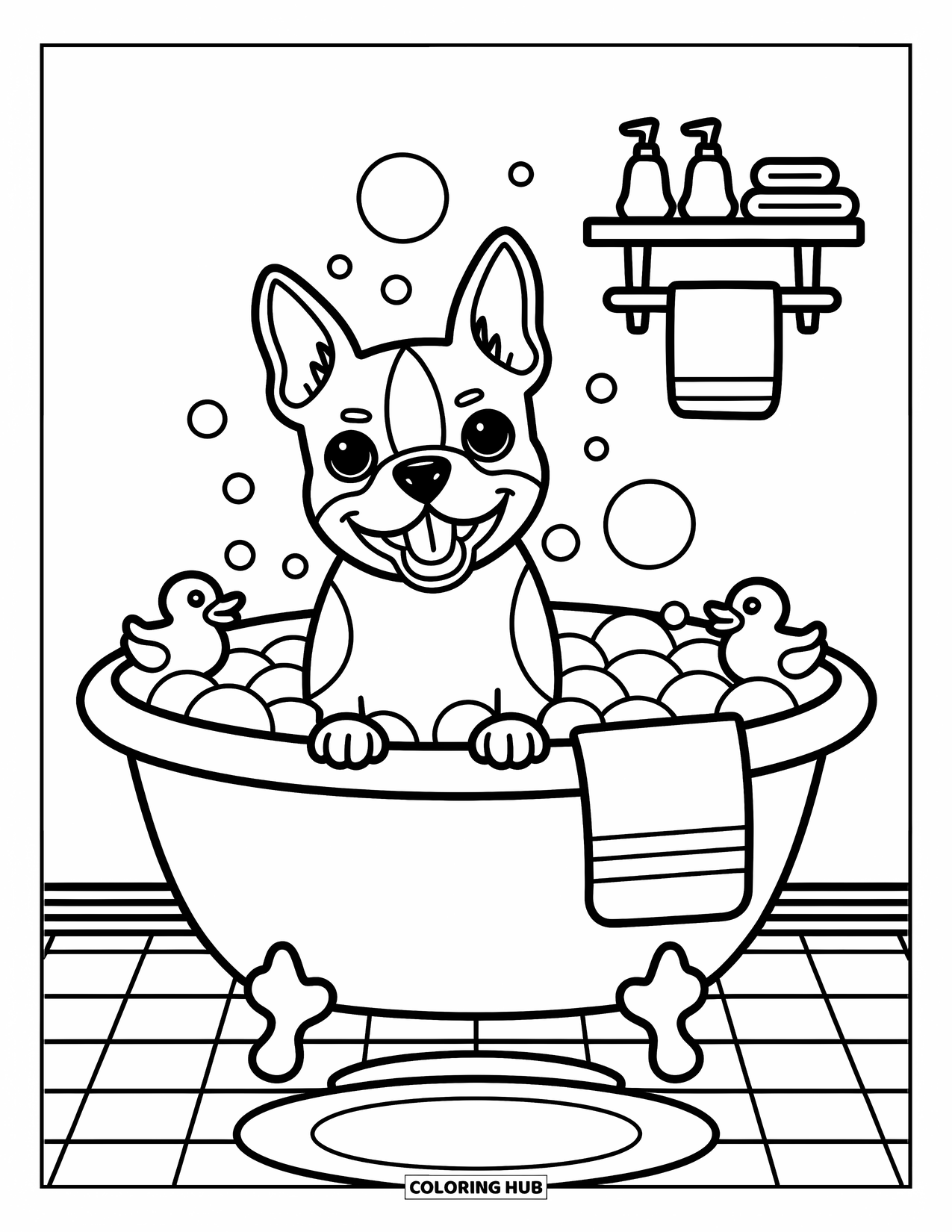 Boston Terrier Coloring Page for Adults: Boston Terrier relaxes in a bubbly tub with duckies and a cozy bath shelf