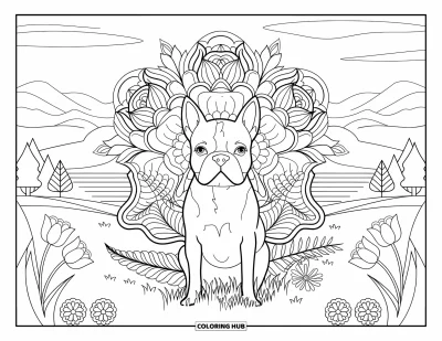 Desen de colorat cu Boston Terrier pentru adulți: Boston Terrier stând liniștit printre mandale de bujori, ferigi și lalele în natură