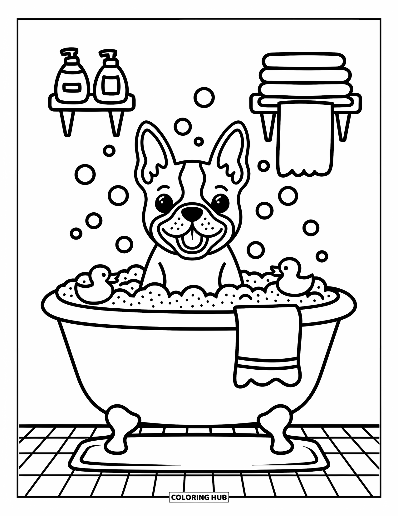 Boston Terrier Coloring Page for Adults: Boston Terrier sits in a bubbly tub with duckies, towel, and tiny soap bottles