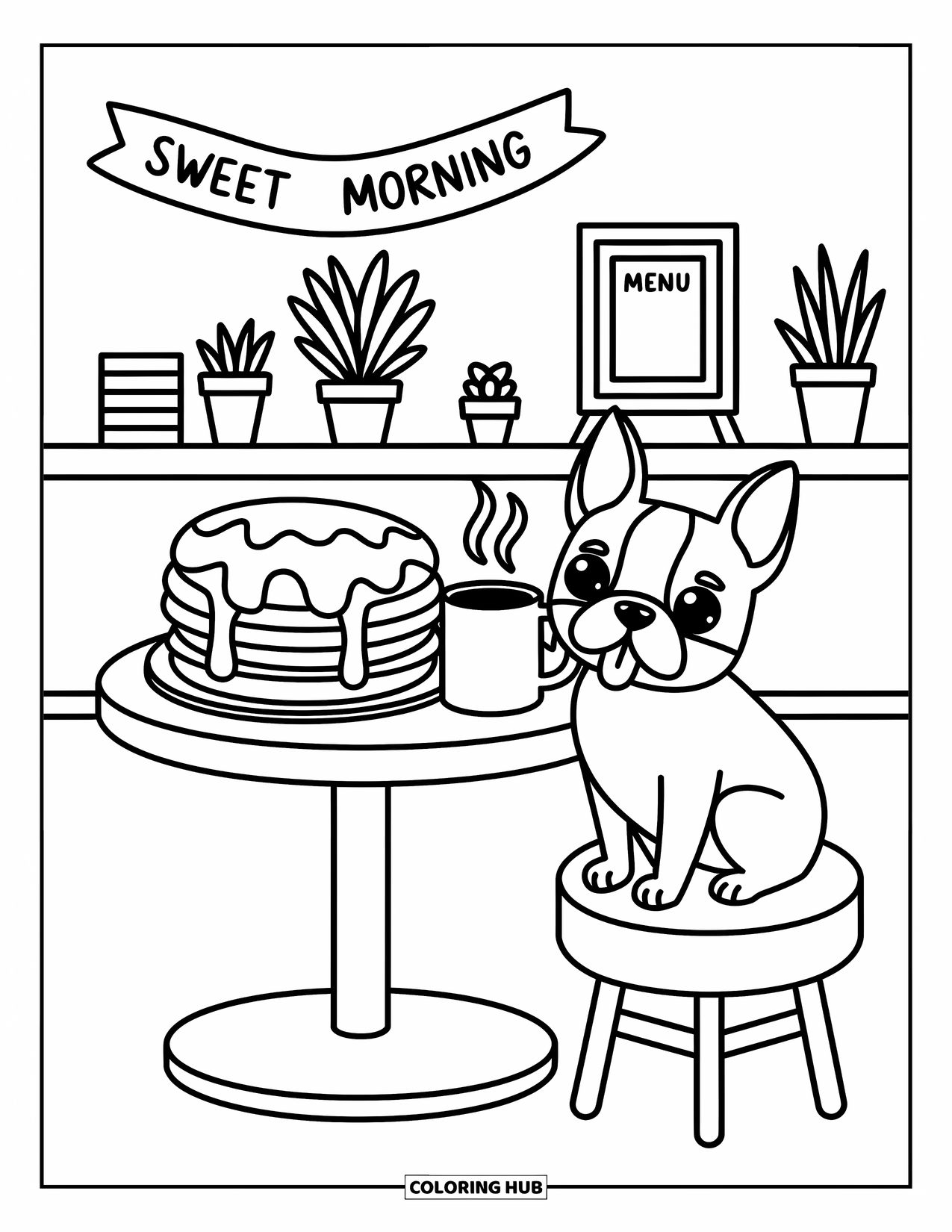 Boston Terrier Coloring Page for Adults: Boston Terrier stares at pancakes and coffee with plants, menu board, and cute cafÈ touches