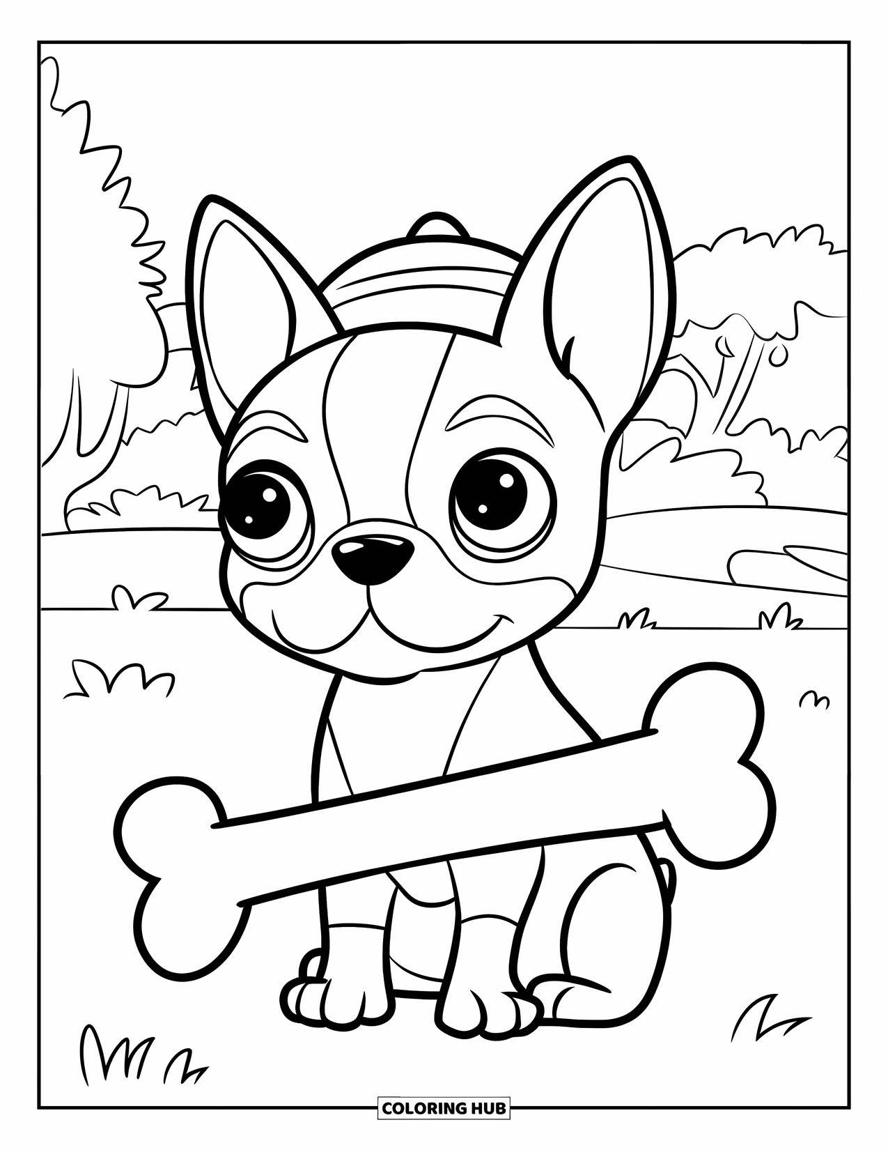 Boston Terrier Coloring Page for Kids: Boston Terrier in a cute hat sitting with a big bone on grassy ground
