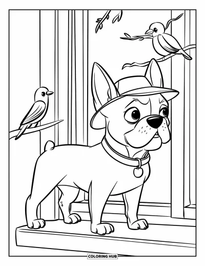 Desen de colorat cu Boston Terrier pentru copii: Boston Terrier cu pălărie privind păsări pe fereastră cu o expresie fericită