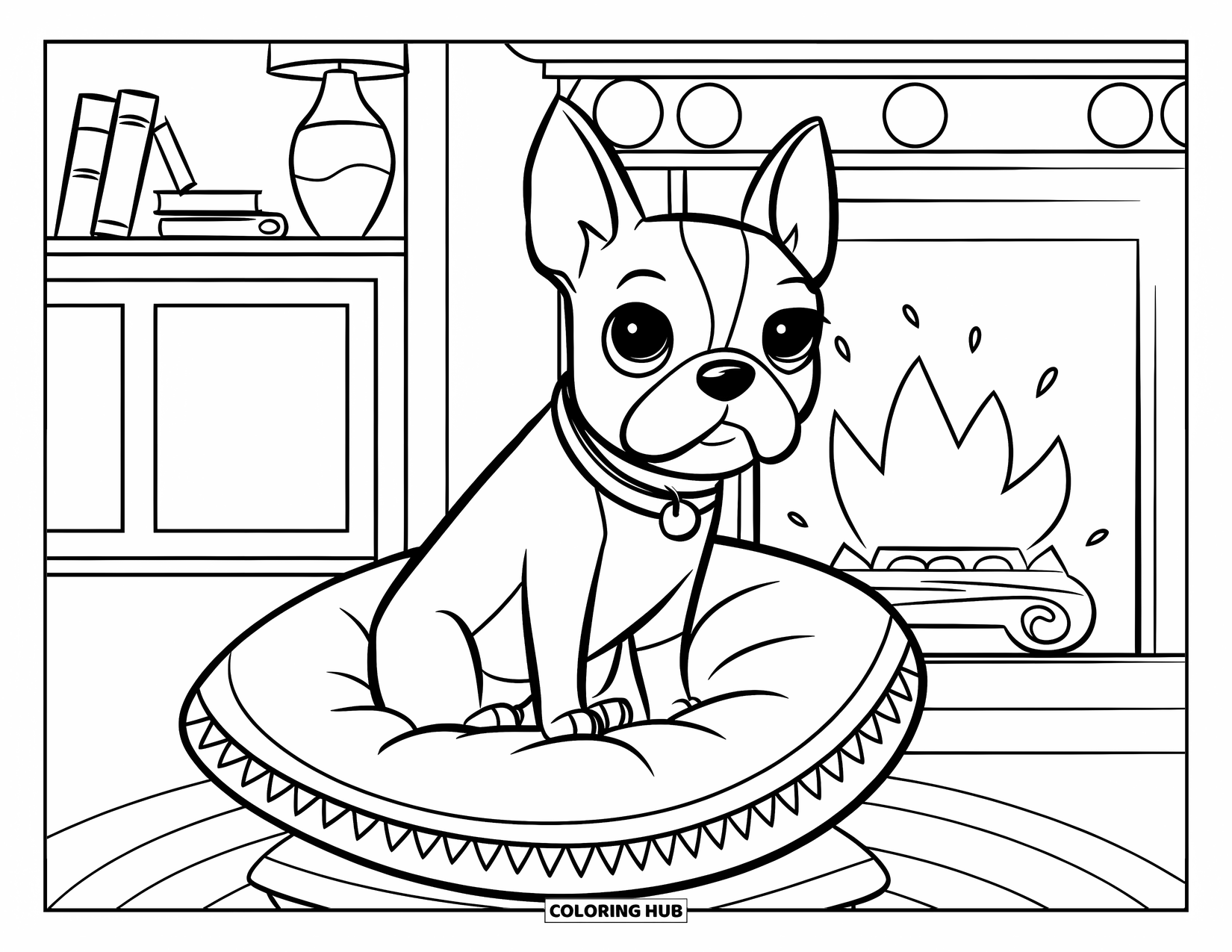 Boston Terrier Coloring Page for Kids: Boston Terrier on a patterned pillow beside a fireplace in a comfy home