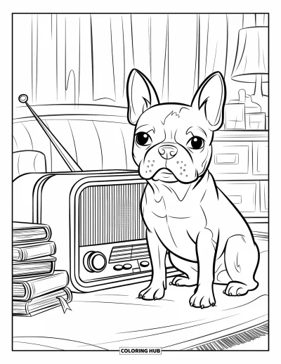 Desen de colorat cu Boston Terrier pentru copii: Boston Terrier pe covor lângă cărți și un radio vintage într-o cameră caldă