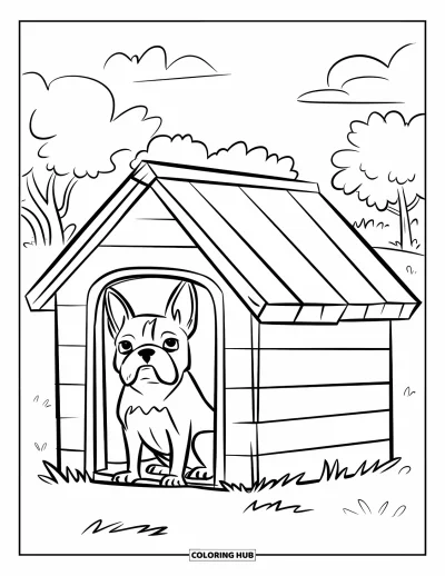 Desen de colorat cu Boston Terrier pentru copii: Boston Terrier privind afară din căsuța sa pe un câmp cu iarbă