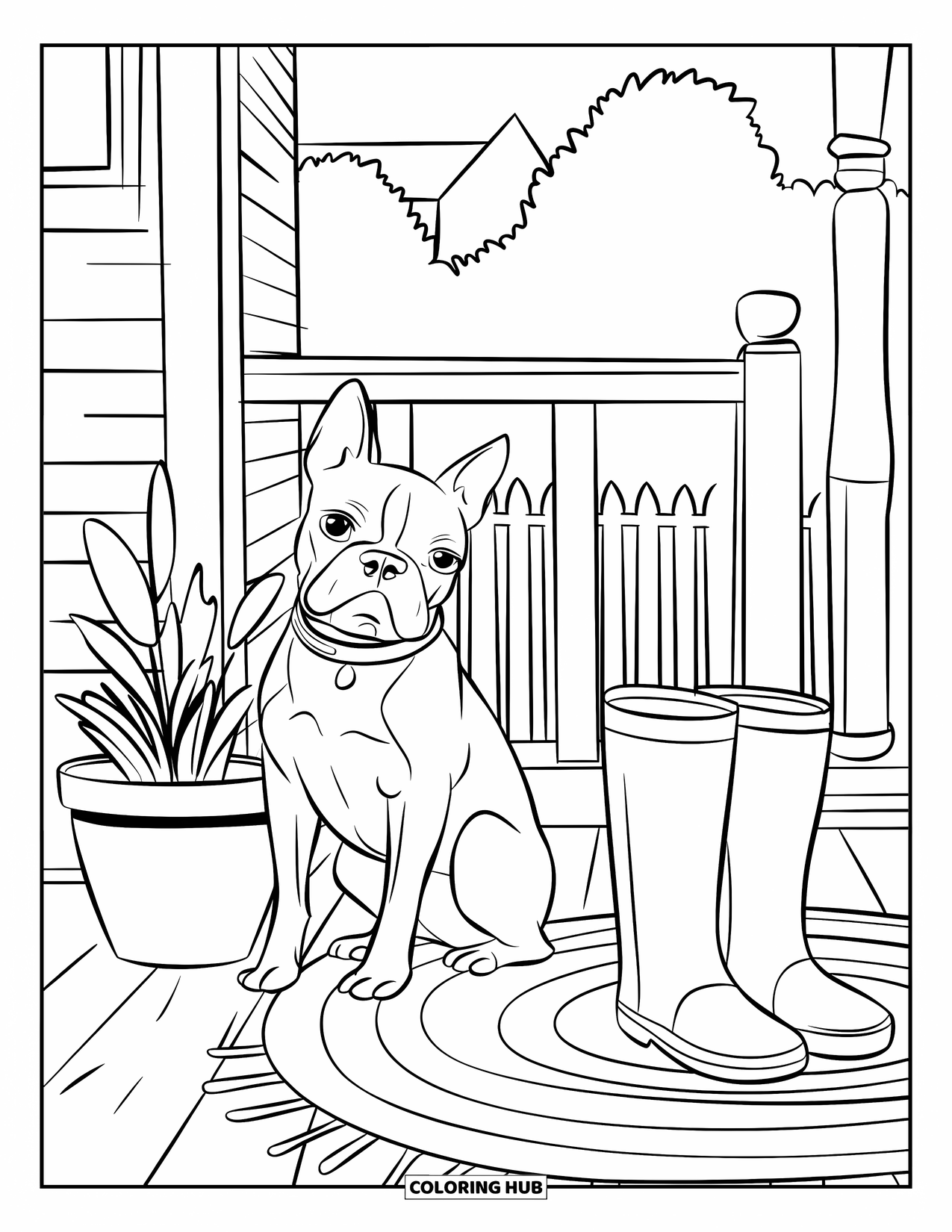 Boston Terrier Coloring Page for Kids: Boston Terrier sitting on a rug beside boots and a plant on a cozy porch