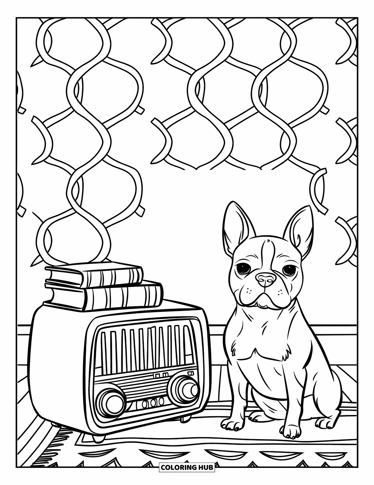 Boston Terrier Coloring Page for Kids: Boston Terrier sitting on a rug near a vintage radio and patterned wall